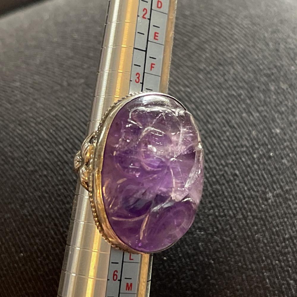 Vintage Hand Carved Amethyst Art Nouveau Silver Flower Ring Sterling 4.5